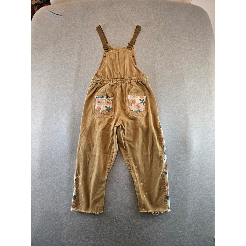 Free People Overalls Women S Tan Floral Patchwork Paint Splatter Boho Bibs